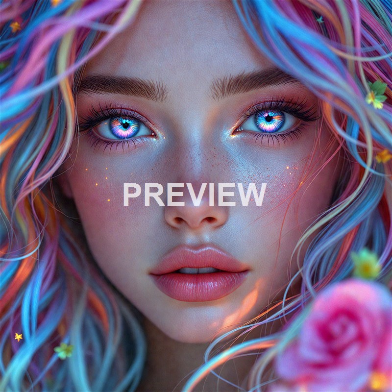 A close-up of a young woman's face with vibrant, rainbow-colored hair and glowing blue eyes, surrounded by small flowers and sparkles on her skin.